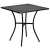 Oia Commercial Grade 28" Square Black Indoor-Outdoor Steel Patio Table Set with 2 Round Back Chairs