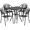 Oia Commercial Grade 28" Square Black Indoor-Outdoor Steel Patio Table Set with 4 Round Back Chairs