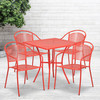 Oia Commercial Grade 28" Square Coral Indoor-Outdoor Steel Patio Table Set with 4 Round Back Chairs