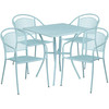 Oia Commercial Grade 28" Square Sky Blue Indoor-Outdoor Steel Patio Table Set with 4 Round Back Chairs