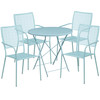 Oia Commercial Grade 30" Round Sky Blue Indoor-Outdoor Steel Folding Patio Table Set with 4 Square Back Chairs