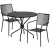 Oia Commercial Grade 35.25" Round Black Indoor-Outdoor Steel Patio Table Set with 2 Square Back Chairs