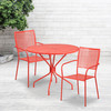 Oia Commercial Grade 35.25" Round Coral Indoor-Outdoor Steel Patio Table Set with 2 Square Back Chairs