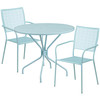 Oia Commercial Grade 35.25" Round Sky Blue Indoor-Outdoor Steel Patio Table Set with 2 Square Back Chairs