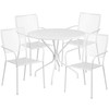 Oia Commercial Grade 35.25" Round White Indoor-Outdoor Steel Patio Table Set with 4 Square Back Chairs