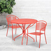 Oia Commercial Grade 35.25" Round Coral Indoor-Outdoor Steel Patio Table Set with 2 Round Back Chairs