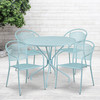 Oia Commercial Grade 35.25" Round Sky Blue Indoor-Outdoor Steel Patio Table Set with 4 Round Back Chairs