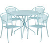 Oia Commercial Grade 35.25" Round Sky Blue Indoor-Outdoor Steel Patio Table Set with 4 Round Back Chairs