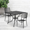 Oia Commercial Grade 35.5" Square Black Indoor-Outdoor Steel Patio Table Set with 2 Square Back Chairs