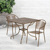 Oia Commercial Grade 35.5" Square Gold Indoor-Outdoor Steel Patio Table Set with 2 Round Back Chairs