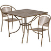 Oia Commercial Grade 35.5" Square Gold Indoor-Outdoor Steel Patio Table Set with 2 Round Back Chairs