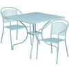 Oia Commercial Grade 35.5" Square Sky Blue Indoor-Outdoor Steel Patio Table Set with 2 Round Back Chairs