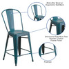 Carly Commercial Grade 24" High Distressed Kelly Blue-Teal Metal Indoor-Outdoor Counter Height Stool with Back