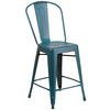 Carly Commercial Grade 24" High Distressed Kelly Blue-Teal Metal Indoor-Outdoor Counter Height Stool with Back