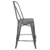 Carly Commercial Grade 24" High Distressed Silver Gray Metal Indoor-Outdoor Counter Height Stool with Back