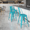 Carly Commercial Grade 24" High Crystal Teal-Blue Metal Indoor-Outdoor Counter Height Stool with Back