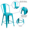 Carly Commercial Grade 24" High Crystal Teal-Blue Metal Indoor-Outdoor Counter Height Stool with Back