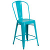 Carly Commercial Grade 24" High Crystal Teal-Blue Metal Indoor-Outdoor Counter Height Stool with Back