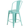 Carly Commercial Grade 24" High Mint Green Metal Indoor-Outdoor Counter Height Stool with Back