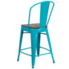 Carly 24" High Crystal Teal-Blue Metal Counter Height Stool with Back and Wood Seat