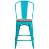 Carly 24" High Crystal Teal-Blue Metal Counter Height Stool with Back and Wood Seat