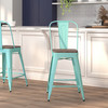 Carly 24" High Mint Green Metal Counter Height Stool with Back and Wood Seat