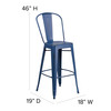 Cindy Commercial Grade 30" High Distressed Antique Blue Metal Indoor-Outdoor Barstool with Back