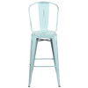 Cindy Commercial Grade 30" High Distressed Green-Blue Metal Indoor-Outdoor Barstool with Back