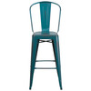 Cindy Commercial Grade 30" High Distressed Kelly Blue-Teal Metal Indoor-Outdoor Barstool with Back