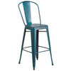 Cindy Commercial Grade 30" High Distressed Kelly Blue-Teal Metal Indoor-Outdoor Barstool with Back