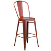 Cindy Commercial Grade 30" High Distressed Kelly Red Metal Indoor-Outdoor Barstool with Back