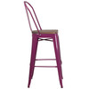 Cindy 30" High Purple Metal Barstool with Back and Wood Seat