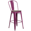 Cindy 30" High Purple Metal Barstool with Back and Wood Seat