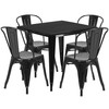 Foster Commercial Grade 31.5" Square Black Metal Indoor-Outdoor Table Set with 4 Stack Chairs