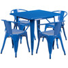 Grady Commercial Grade 31.5" Square Blue Metal Indoor-Outdoor Table Set with 4 Arm Chairs