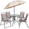 Nantucket 6 Piece Brown Patio Garden Set with Umbrella Table and Set of 4 Folding Chairs