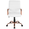 Whitney Mid-Back White LeatherSoft Executive Swivel Office Chair with Rose Gold Frame and Arms