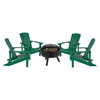5 Piece Charlestown Green Poly Resin Wood Adirondack Chair Set with Fire Pit - Star and Moon Fire Pit with Mesh Cover