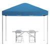 Otis Portable Tailgate/Event Tent Set - 10'x10' Blue Pop Up Canopy Tent, 6-Foot Bi-Fold Table, Set of 4 White Folding Chairs