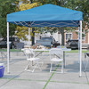 Otis Portable Tailgate/Event Tent Set - 8'x8' Blue Pop Up Canopy Tent, 6-Foot Bi-Fold Table, Set of 4 White Folding Chairs