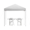 Otis Portable Tailgate/Event Tent Set - 8'x8' White Pop Up Canopy Tent, 6-Foot Bi-Fold Table, Set of 4 White Folding Chairs