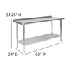 Reese Stainless Steel 18  Gauge Prep and Work Table with 1.5" Backsplash and Undershelf - NSF Certified - 60"W x 24"D x 36"H