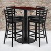 Jamie 24'' x 42'' Rectangular Mahogany Laminate Table Set with 4 Ladder Back Metal Barstools - Black Vinyl Seat