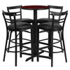 Carlton 24'' Round Mahogany Laminate Table Set with X-Base and 4 Two-Slat Ladder Back Metal Barstools - Black Vinyl Seat