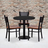 Clark 30'' Round Black Laminate Table Set with 3 Grid Back Metal Chairs - Cherry Wood Seat
