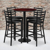 Jamie 30'' Round Mahogany Laminate Table Set with Round Base and 4 Ladder Back Metal Barstools - Black Vinyl Seat