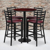 Jamie 30'' Round Mahogany Laminate Table Set with Round Base and 4 Ladder Back Metal Barstools - Burgundy Vinyl Seat