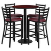 Jamie 30'' Round Mahogany Laminate Table Set with Round Base and 4 Ladder Back Metal Barstools - Burgundy Vinyl Seat