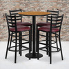 Jamie 30'' Round Natural Laminate Table Set with Round Base and 4 Ladder Back Metal Barstools - Burgundy Vinyl Seat