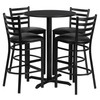 Carlton 30'' Round Black Laminate Table Set with X-Base and 4 Ladder Back Metal Barstools - Black Vinyl Seat